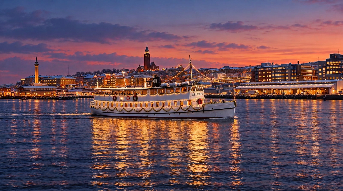 M/S Eriksberg juldekorerad med ljusslingor i skymningen vid kaj i Göteborg