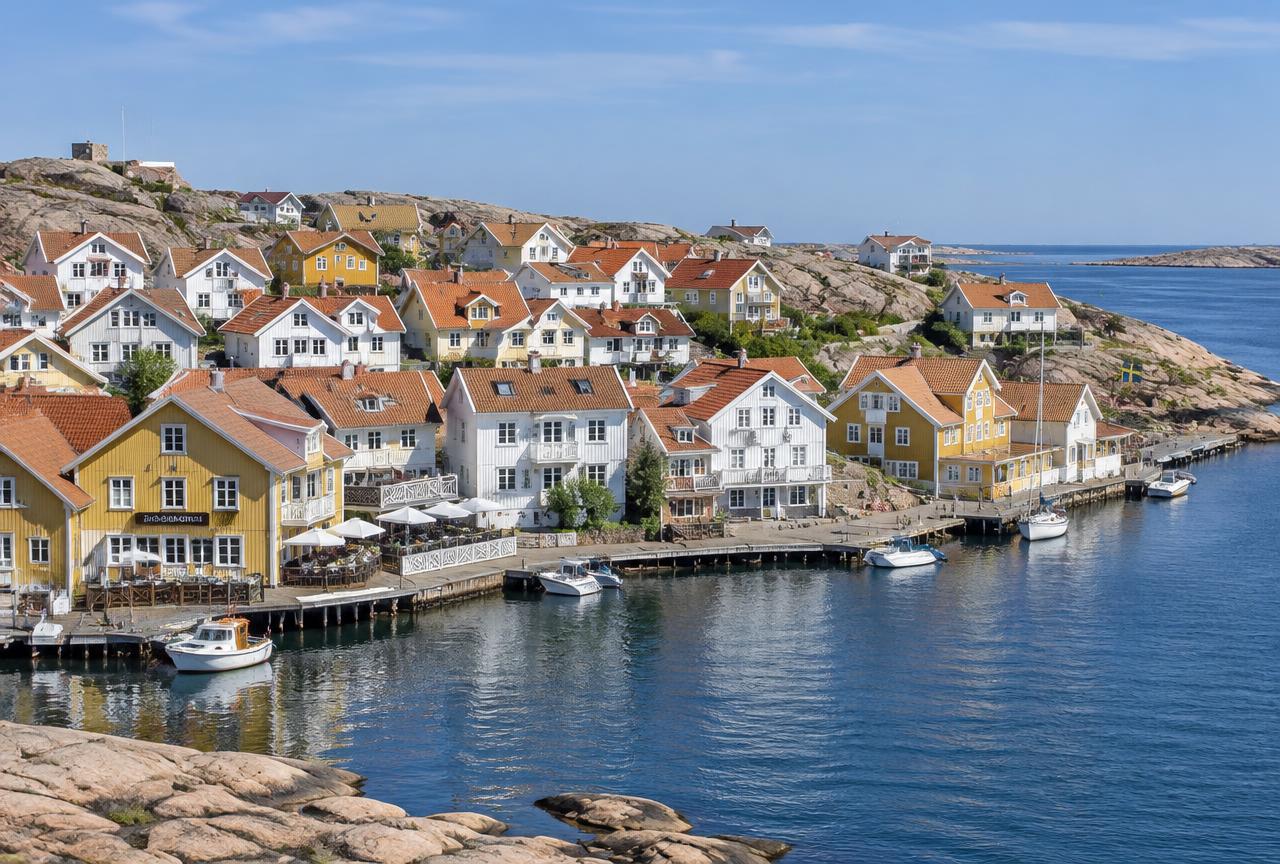 Röda sjöbodar vid vattnet
